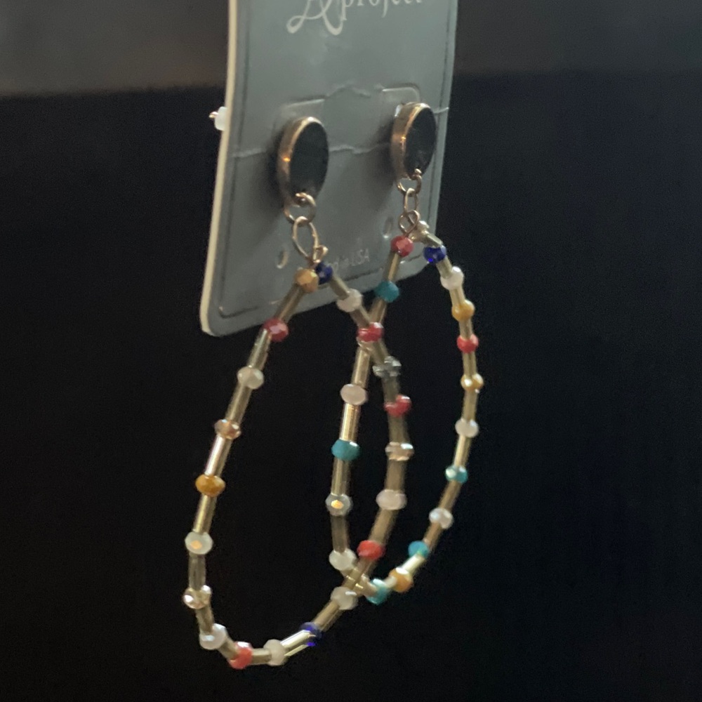Gold Hoop Earrings with Multi Colored Beads - Picture 8 of 9
